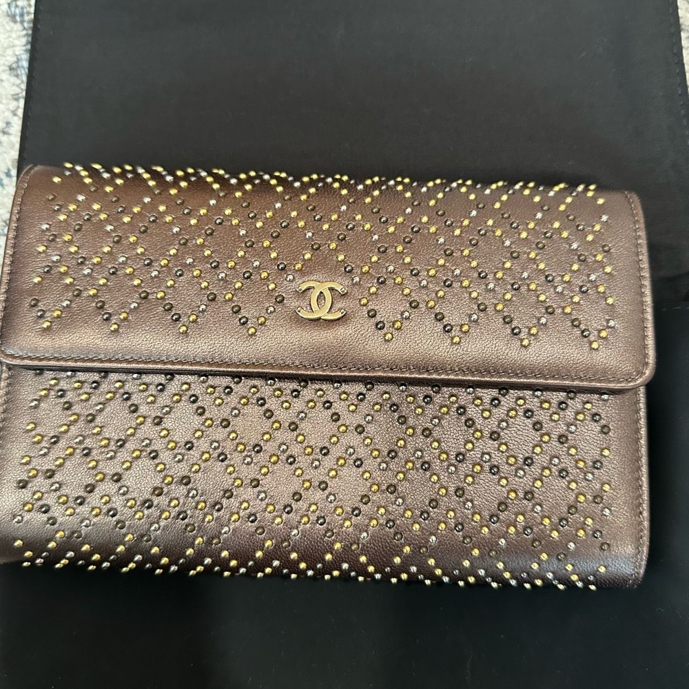 Chanel fine bead work shoulder bag. Gold brown tone. $2000